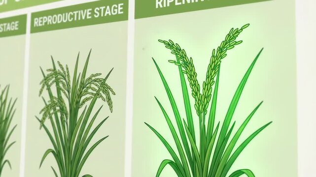 Rice plant growth stages infographic showing the evolution from seedling, through vegetative and reproductive phases, to the final ripening and harvest-ready panicle