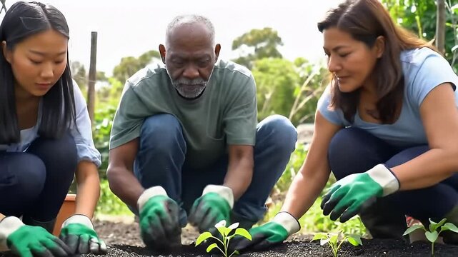 Diverse group of people gardening together outdoors - Powered by Adobe
