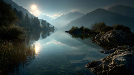 Reflection of sunlight on calm lake surrounded by misty mountains