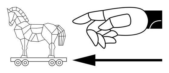 Trojan horse concept. Trojan horse security risks and cyberattacks with a gesture control or decision-making. Trojan horse relevance for cybersecurity, online protection, hacking, digital threats, IT
