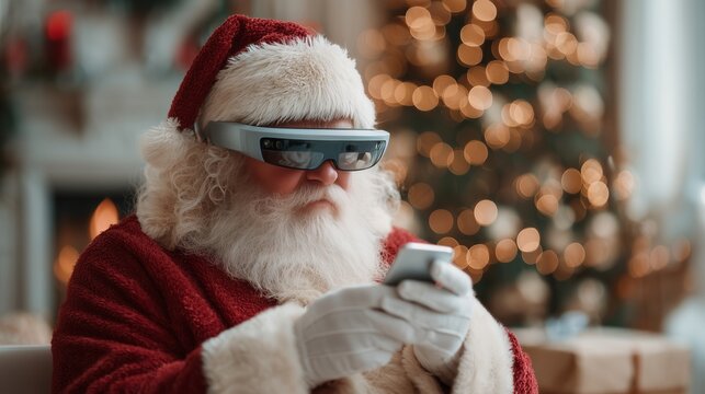 Modern Santa checking his list online with VR glasses in front of the Christmas tree, holiday tech for Christmas celebration and festive season
