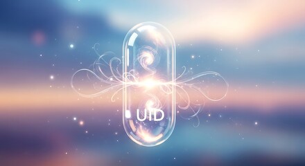 Abstract capsule with fluid inside against a dreamy sky background for science concepts