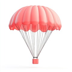 A vibrant coral-pink parachute, open and ready for flight, floats against a plain white background