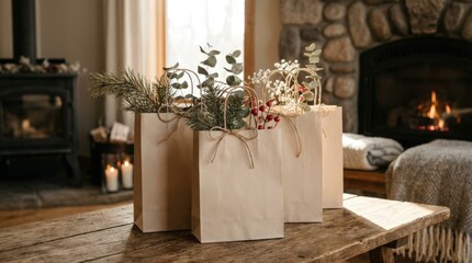 Festive gift bags filled with greenery and decorative elements are arranged on a rustic wooden table, creating a cozy atmosphere near a warm fireplace for holiday celebrations