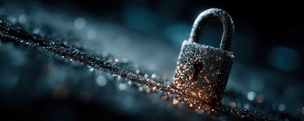 Close-up of a digital lock symbol covered in dew on a dark blue background