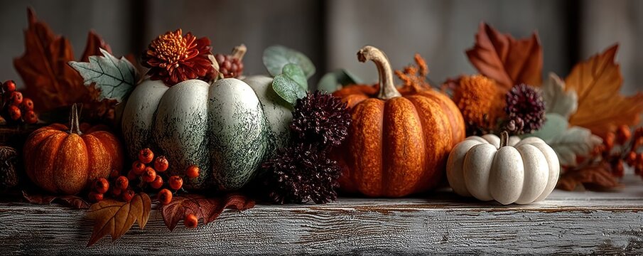 Autumn pumpkins and fall foliage arranged on rustic wooden table for seasonal decor - Powered by Adobe