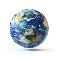 Detailed, 3D globe of Earth.  Realistic depiction of continents, oceans, clouds.  Centered on a pure white background