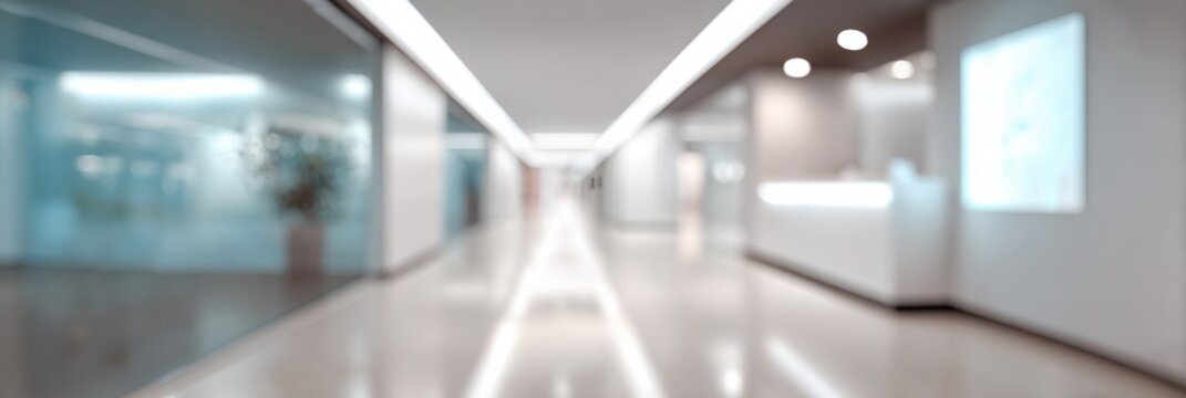 Modern office hallway with bright lighting and glass partitions