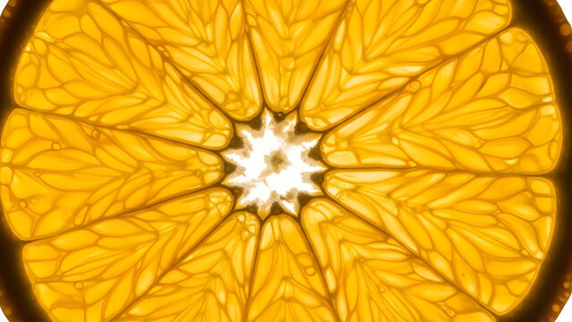 Vibrant backlit macro close-up of a fresh orange slice highlighting cellular texture and juicy detail