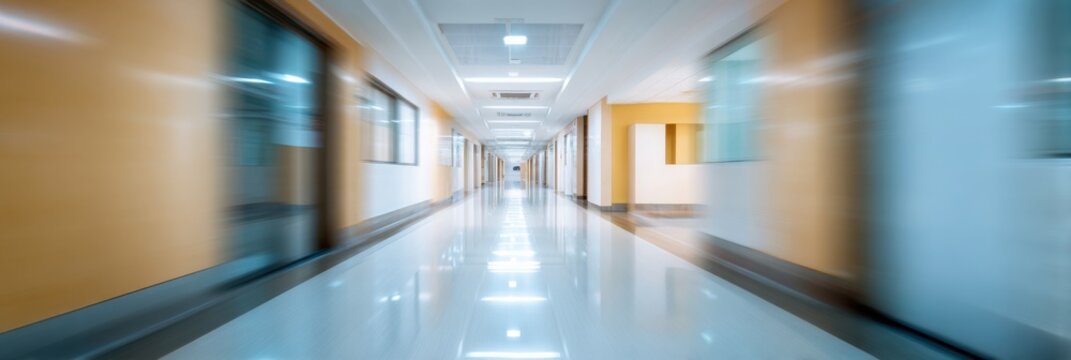 Motion blur in empty hospital corridor with bright lights and clean floors - Powered by Adobe