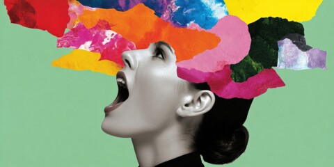 Creative explosion: surreal portrait of young caucasian female with vibrant abstract colors