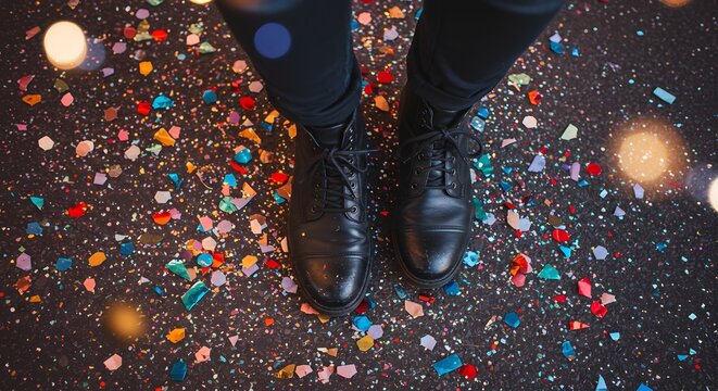 Black shoes on a dark floor covered with vibrant confetti and sparkling bokeh lights, symbolizing a festive celebration or party.