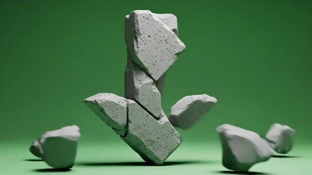 A cracked stone arrow pointing downwards against a solid green studio background