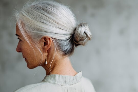Elderly caucasian female with gray hair in a bun - Powered by Adobe