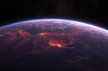 Obraz premium Distant alien planet illuminated by fiery volcanic activity and ethereal purple atmosphere