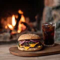 Cheeseburger and soda by cozy fireplace for perfect comfort meal setting