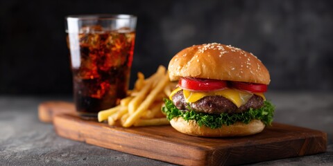 Delicious cheeseburger with fries and soda on wooden board
