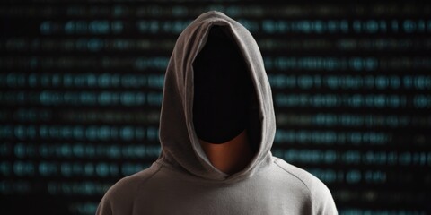 Anonymous hooded figure with hidden face in dark cyber background