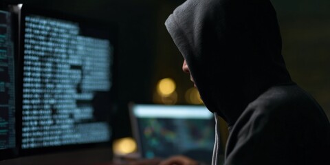 Male hacker in hoodie working on computer in dark room with code on screen