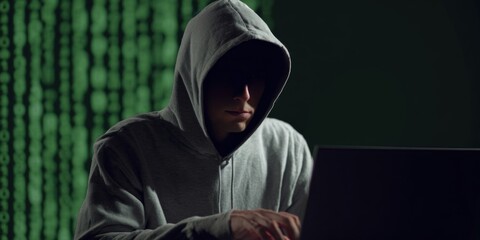 Fototapeta premium Hooded male hacker typing on laptop in dark room with green code background