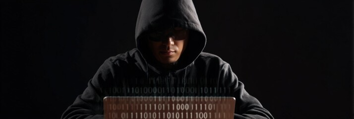 Mysterious male hacker in hooded jacket with laptop in dark room