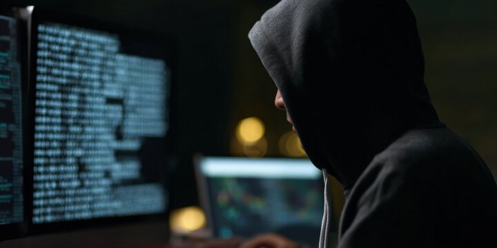 Male hacker in hoodie working on computer in dark room with code on screen