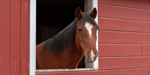 Brown horse in red barn window looking out with curious expression