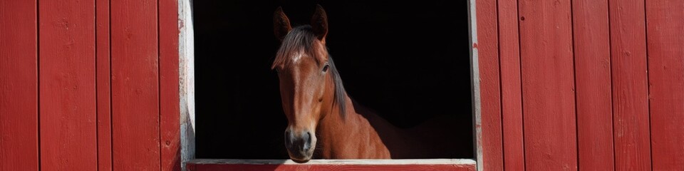 Obraz premium Chestnut horse peeking through red barn window on sunny day
