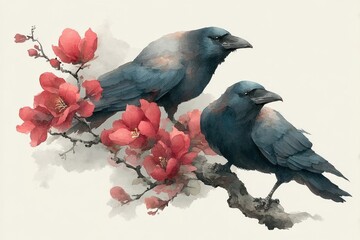 Two Crows on a Branch with Red Flowers in Watercolor Illustrations Artwork