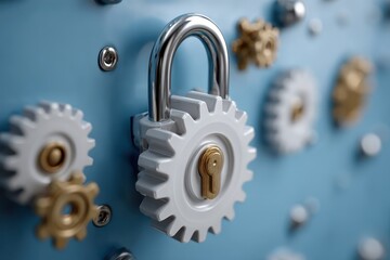 Lock and gears symbolize digital security in a high-tech background of mechanical design