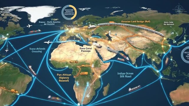 World map visualizing key global trade routes and their evolution. Depicting shipping lanes. Air corridors. And land bridges essential for international commerce. Logistics. And supply chain networks