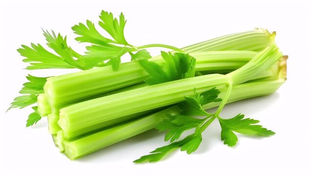 fresh celery stalks with leaves isolated on white background.