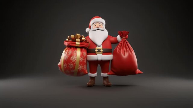 3D rendered illustration of a cheerful Santa Claus holding two large sacks filled with holiday gifts, ready for festive Christmas celebrations, embodying the spirit of generosity and seasonal joy