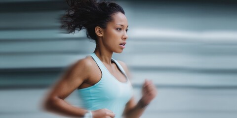 Focused african female runner in motion wearing blue tank top