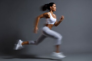 Athletic african female running in motion blur on gray background
