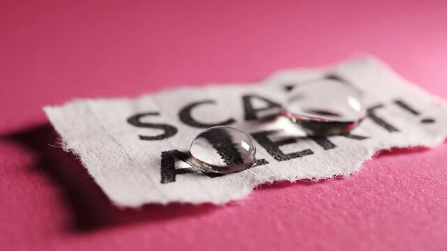 Close-up of a torn paper with the words SCAM ALERT on a pink background.