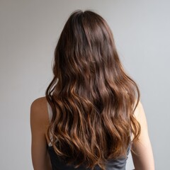 Fototapeta premium Female with long wavy hair from behind against neutral background