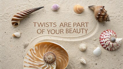 Seashells and inspiring text laid on a sandy beach background