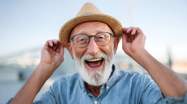Senior man smiling wearing hat and glasses looking at camera - Powered by Adobe
