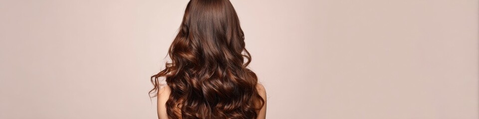 Naklejka premium Young caucasian female with long wavy brown hair from rear view
