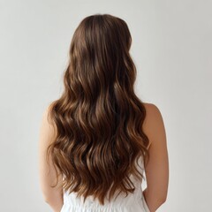 Fototapeta premium Female with long wavy brown hair in white top from back view