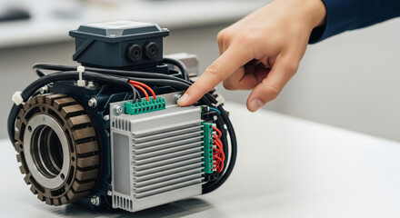 Hand points at electrical motor component with wiring