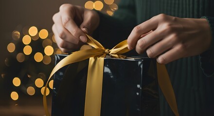 Tying a golden ribbon bow on a black gift box with festive bokeh lights
