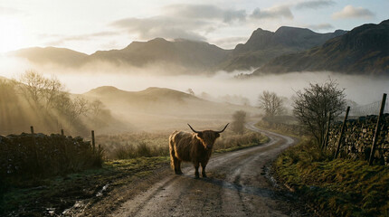 Highland cow on road with mountains and fog, scenic landscape