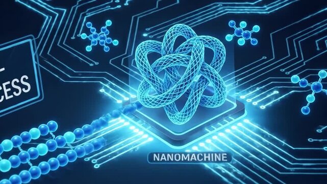 Nanotechnology concept showing molecular self-assembly: monomers joining into polymers to build nanomachines on a futuristic circuit board, microscopic view of advanced fabrication