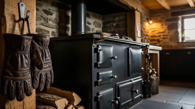 A rustic kitchen scene featuring a black wood-burning stove, leather gloves hanging on a hook, and stacked firewood nearby. The walls are made of stone.