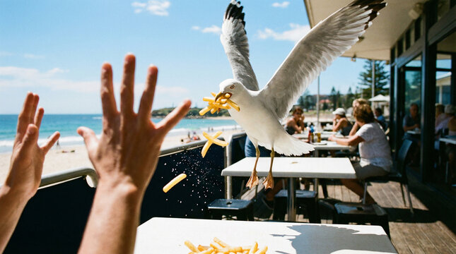 Seagull stealing french fries at a beachside restaurant, summer vacation