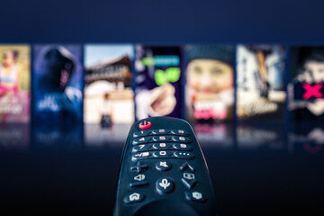 Stream on tv. Watch movie home from online vod. Video on demand service in television. Streaming content on screen. Series titles and content catalogue on platform.