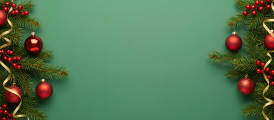 New Year party background with gold curly ribbons and red baubles. Celebration frame.