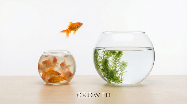 Goldfish jumping from a small bowl to a bigger aquarium, growth concept